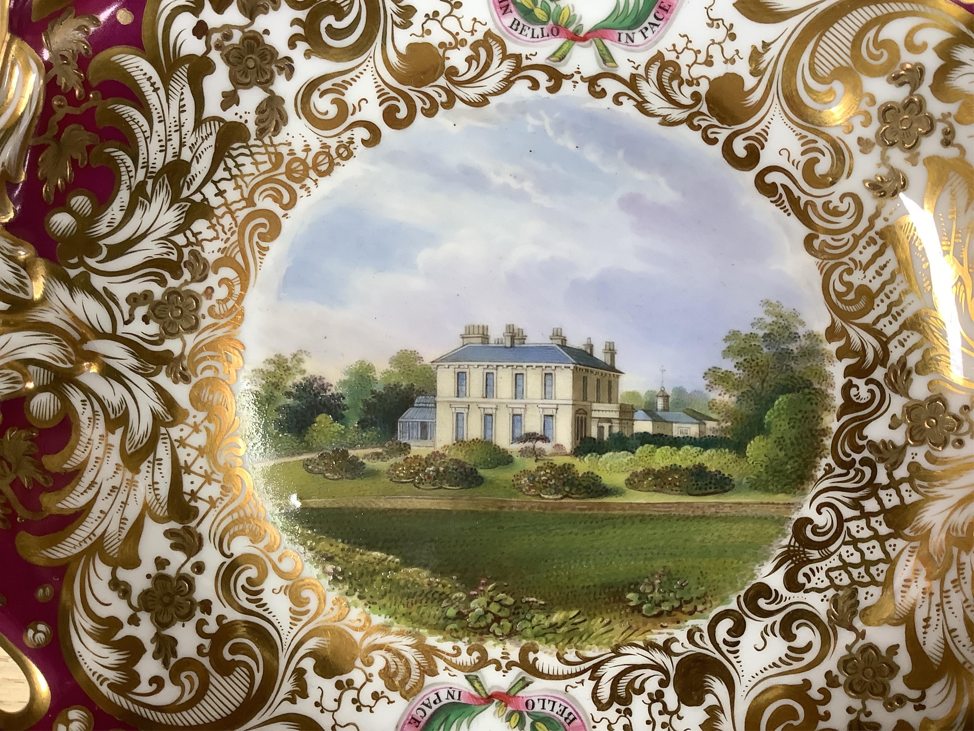 Four G Grainger, Worcester armorial porcelain comports, c.1845, hand painted with named views of Worcester, 24cm in diameter